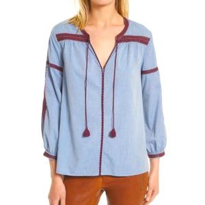 Joie Marlen Split Neck Chambray Embroidered Top
